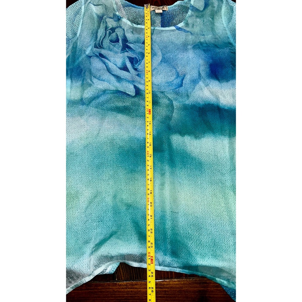 One World Live and Let Live Blue Teal Floral Rose Mesh Knit Top Womens Medium - Picture 5 of 5